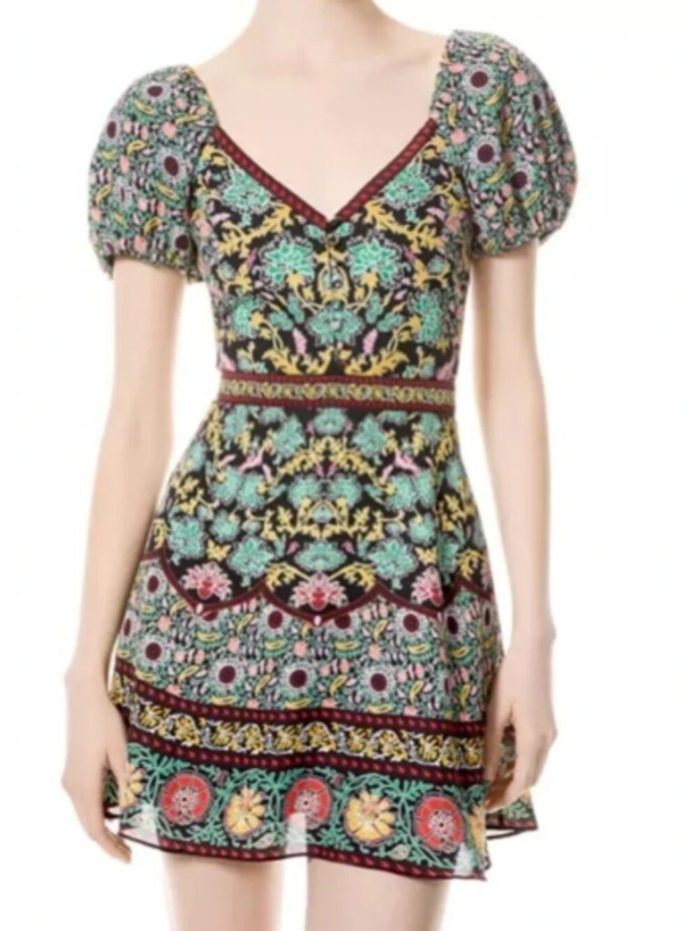 NWT $350 Alice + Olivia Dana Puff Sleeve Flare Dress in Flower Pot - Mini Dress